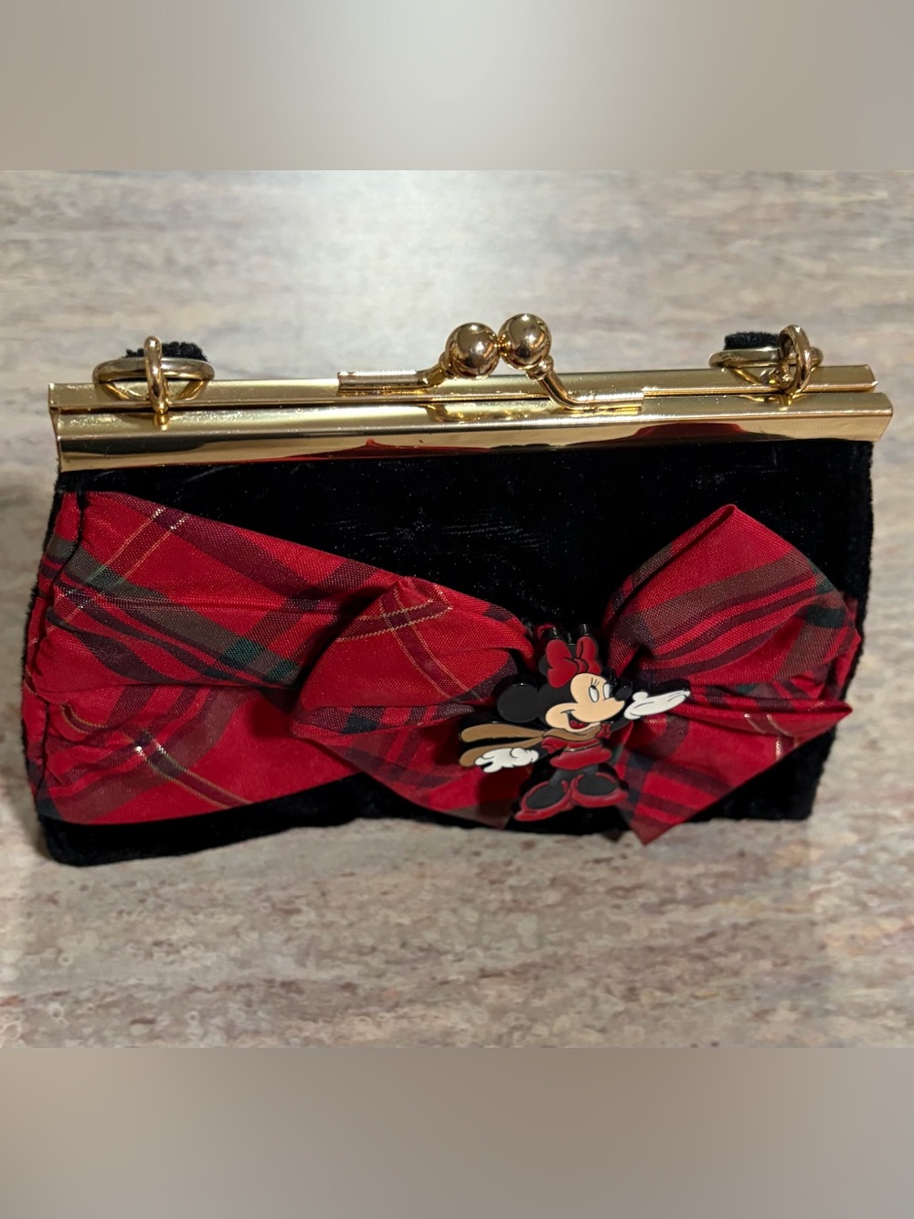 Disney Minnie Mouse Black Velvet Red Plaid Kiss-Lock Handbag